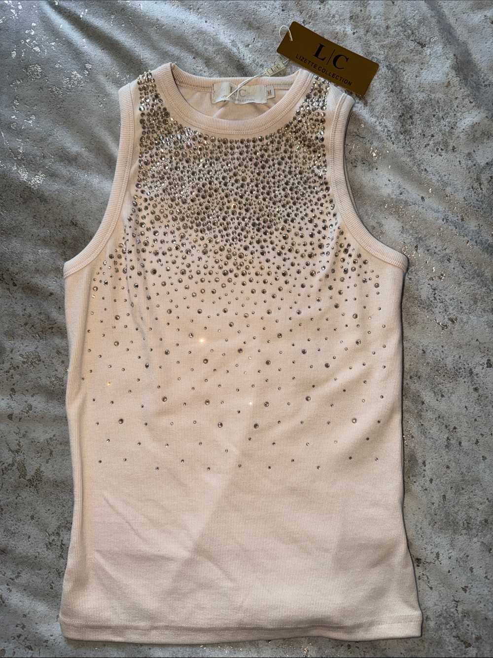 LJC Embellished Cream Tank Top with Rhinestones